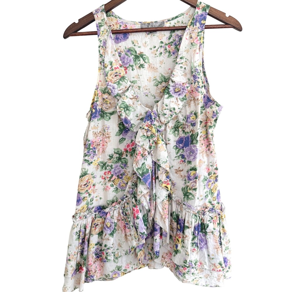 Rare Vintage Forever 21 100% Cotton Beige Floral Ruffled Tank Top Size Medium